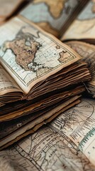 Vintage map pages in an open atlas close-up on exploration and history