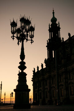 Streetlight and Dresden Cathedral at dawn