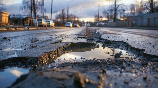 The roads are badly damaged with quite large and dangerous potholes. Generate AI image
