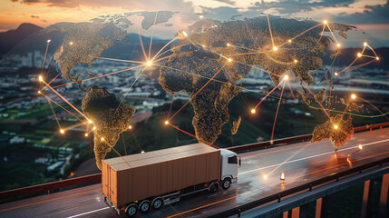 truck on the road, global logistics, concept of international transportation, connections, logistics - obrazy, fototapety, plakaty