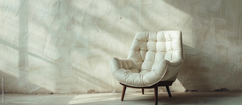 Poster a chair is placed in front of a plain wall, creating a simple setup. the room appears minimalistic a