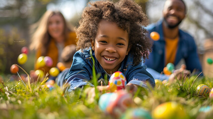 Black Kids on Easter egg hunt in blooming spring garden. Children searching for colorful eggs in flower meadow, family together at Easter holiday