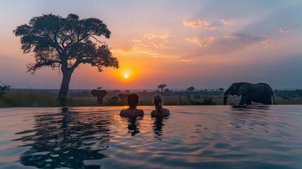A couple in a swimming pool with the background Elephants in the savanna in Africa, a safari camp,...