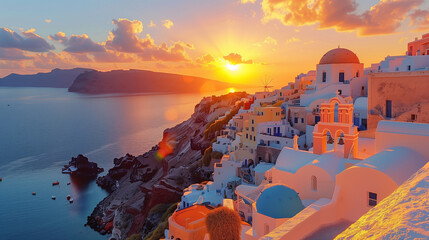 Oia Santorini Greece, Greek village at sunset,ocean caldera of Santorini - obrazy, fototapety, plakaty
