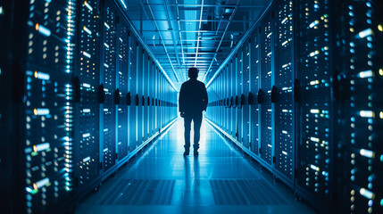 Peron at a Corridor in a Working Data Center Full of Rack Servers and Supercomputers with High Internet Visualisation Projection. IT Engineer in a data server room, dark futuristic room