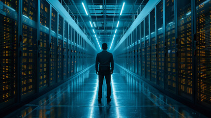 Peron at a Working Data Center Full of Rack Servers and Supercomputers with High Internet Visualisation Projection. IT Engineer in a data server room