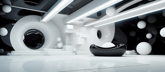 A black and white room featuring smooth white objects against a black background. The contrast creates a striking visual effect in this abstract dynamic interior.
