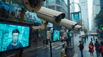 Surveillance camera CCTV with a futuristic interface analyzes surroundings in the city street, View of a Security camera targeting a detected intrusion face recognizing