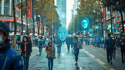 Surveillance camera CCTV with a futuristic interface analyzes surroundings in the city street, View of a Security camera targeting a detected intrusion