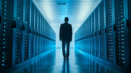 IT engineer Peron at a Corridor in a Working Data Center Full of Rack Servers and Supercomputers with High Internet Visualisation Projection. IT Engineer in a data server room