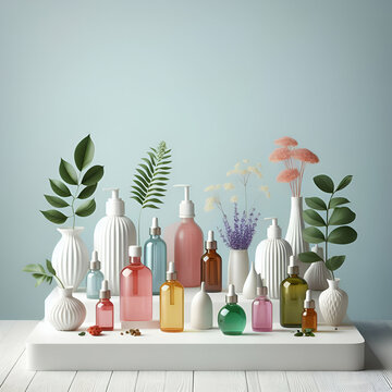A Modern Clean White Tabletop with Bottles with Different Colored Liquids with Green Plants Against Light Blue Wall. Cosmetics & Skin Care, or Pharmaceutical Products Arranged Neatly Healthy Lifestyle