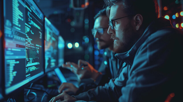 Hackers try to break the security protocols in a dark room with computers and infect their Systems with a Virus, Hacking, and malware concept.