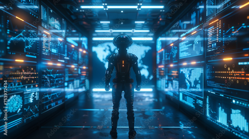 Poster man in a futuristic depiction of the industry holograms, interaction with ai, artificial intelligenc
