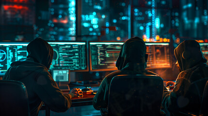 Hackers trying to break the security protocols in a dark room with computers, Hooded hackers break into Data Servers and infect their Systems with a Virus, Hacking and malware concept.