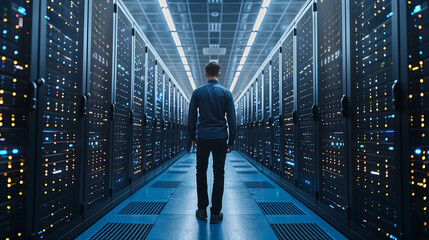men at a Corridor in a Working Data Center Full of Rack Servers and Supercomputers with High Internet Visualisation Projection. IT Engineer in a data server room