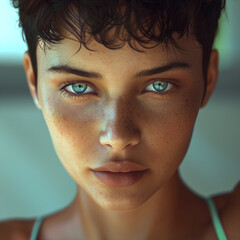 portrait of a beautiful young Brazilian woman with short hair and freckles. Sad look into the camera.