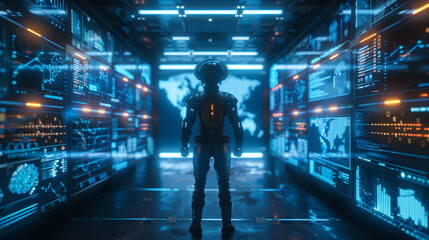 Obraz premium Man in a Futuristic depiction of the industry holograms, interaction with AI, Artificial Intelligence futuristic room. Industry and technology concept. INDUSTRY 4.0