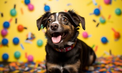 A cheerful dog adorned with a festive collar celebrates with joy among vibrant balloons and party streamers against a teal backdrop