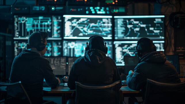 group Hackers trying to break the security protocols in a dark room with computers, Hooded hackers brea into Government Data Servers and infect their Systems with a Virus, Hacking and malware concept. - Powered by Adobe