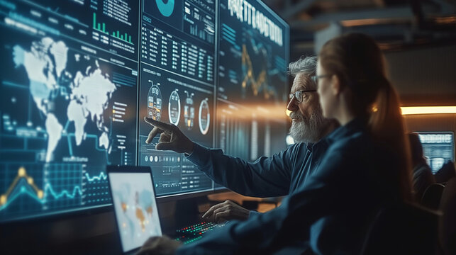 Project Manager and Computer Science Engineer Talk while Using Big Screen Display and a Laptop, Showing Infrastructure Infographics Data. Telecommunications Company System Control and Monitoring Room.