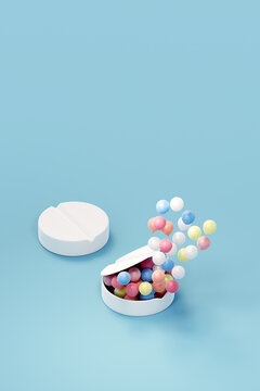 Colorful balloons coming out of round pill. Recreational drug use.