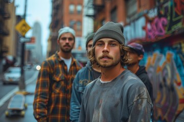 Fototapeta premium Young man with stubble and a beanie stands with peers against an urban graffiti backdrop