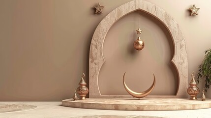 3d podium with Ramadan decoration, copy space - generative ai