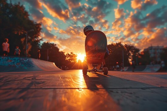 A warm sunset bathes a skateboard in golden light at a city skatepark, the scene is empty and evokes freedom - Powered by Adobe