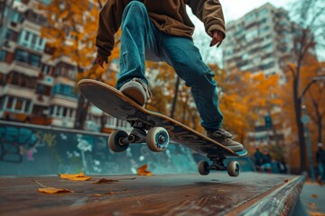 A skateboarder about to do a trick in a skate park surrounded by autumnal trees and urban graffiti