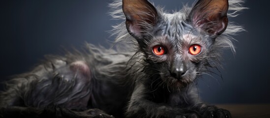 Naklejka premium A black cat with striking orange eyes is resting comfortably on the ground in a relaxed position. The cats sleek fur contrasts beautifully with its vibrant eyes.