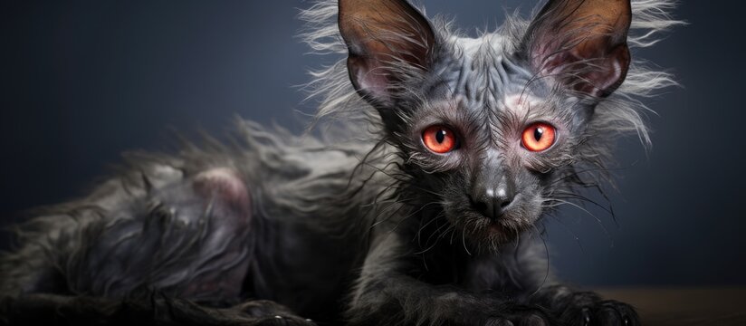 A black cat with striking orange eyes is resting comfortably on the ground in a relaxed position. The cats sleek fur contrasts beautifully with its vibrant eyes.