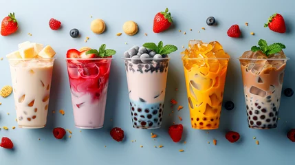 Tuinposter Colorful boba milk tea display with tapioca pearls, flat lay style.  © Jammy Jean