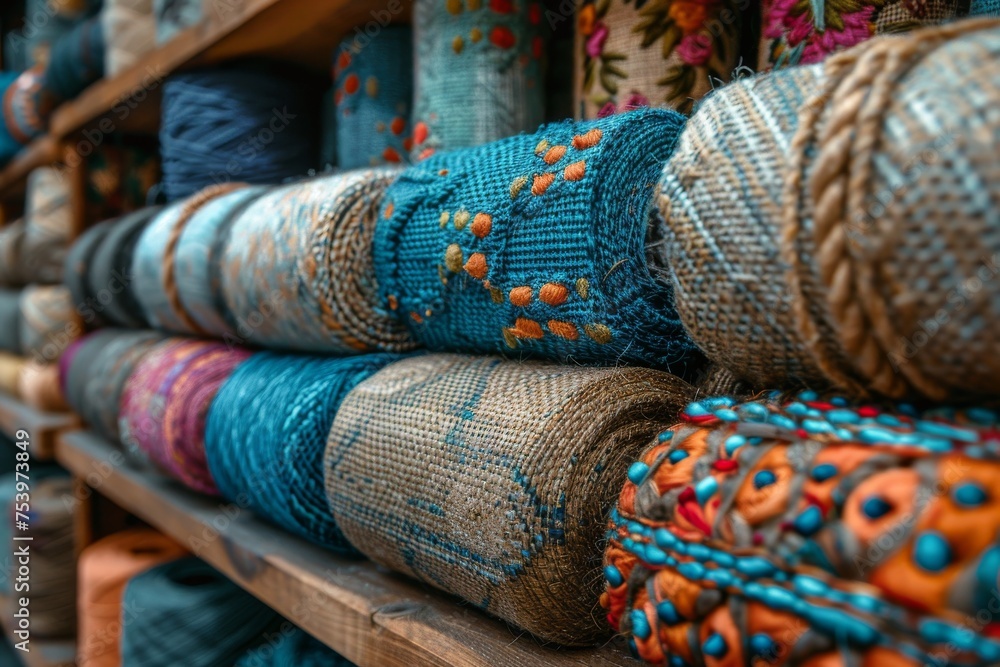 Poster a vibrant close-up of various textiles stacked neatly on shelves, highlighting patterns and textures