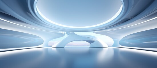 An abstract circular object stands in the center of a modern room with smooth white interior. The rooms futuristic design is highlighted by a backlight, creating an architectural backdrop.