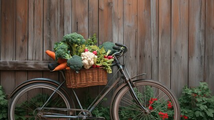 Fototapeta na wymiar Fresh vegetables on an old bicycle in the home garden. Generative AI