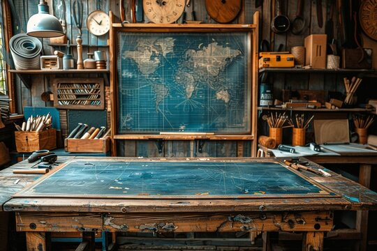 Image features an old drafting table with a large paper, compass, and a world map in a vintage workshop