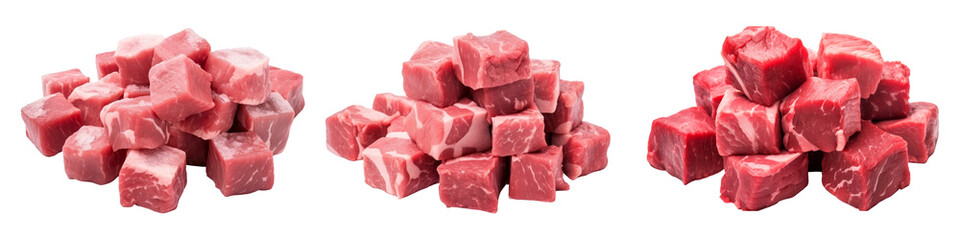 Cubes of Raw Beef Isolated on transparent background, (PNG).