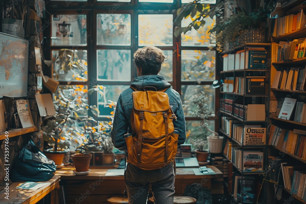 Poster Book enthusiast engrossed by a vast array of books in an inviting, rustic bookshop setting