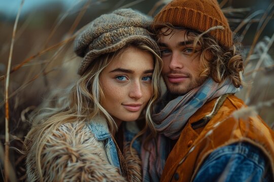 An intimate portrait of a young couple dressed in warm autumn attire, amidst a rustic outdoor setting - Powered by Adobe