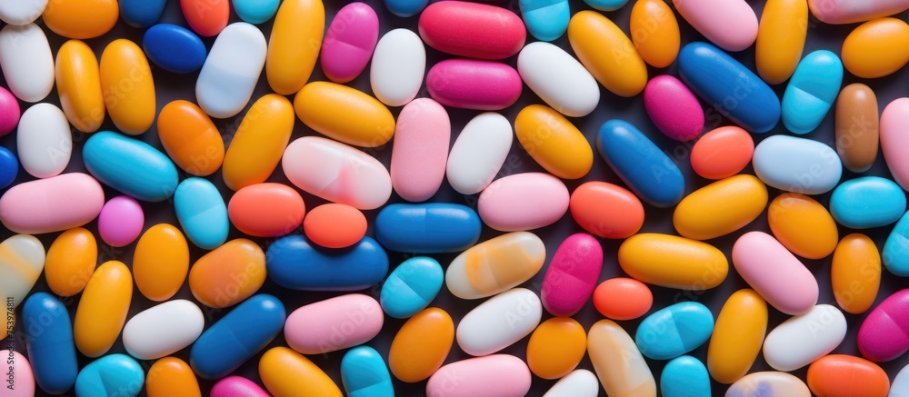 Poster a collection of various brightly colored pills arranged in a heap on a flat surface. the pills are a