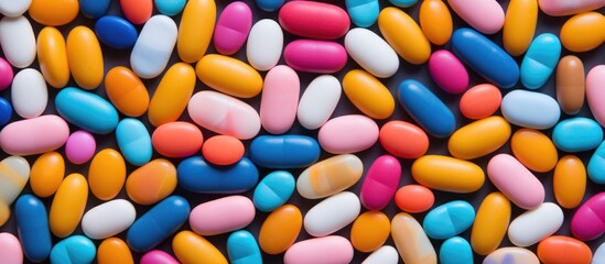 Fototapeta na wymiar A collection of various brightly colored pills arranged in a heap on a flat surface. The pills are assorted sizes and shapes, creating a visually striking juxtaposition of colors and textures.