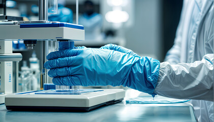Crop view of hand of researcher in blue rubber gloves using medical equipment for doing test in laboratory.