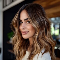 Fototapeta premium Beautiful hairstyle of young woman after dyeing hair and making highlights in hair salon