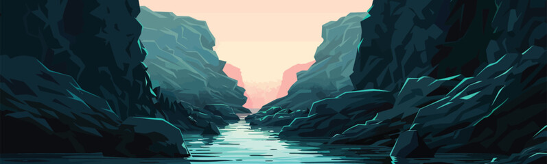 A canyon with a river isolated vector style - obrazy, fototapety, plakaty