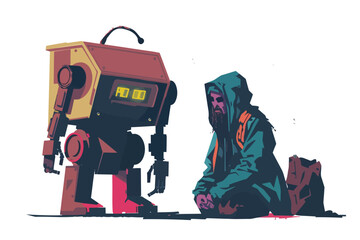 homeless person and robot isolated vector style