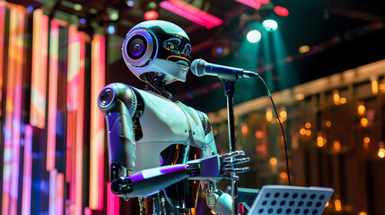 A candid photo capturing a realistic concert scene with a humanoid robot as the main performer singing on stage with advanced technology and lighting - obrazy, fototapety, plakaty