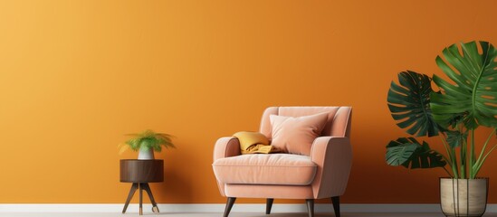 In the living room, a cozy armchair sits next to a table holding a vibrant potted plant against a colored wall. The scene exudes warmth and simplicity.