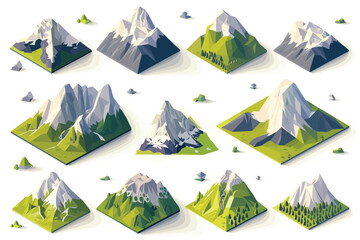Mountains isometric tiles collection isolated vector style - obrazy, fototapety, plakaty