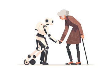 old woman and robot isolated vector style
