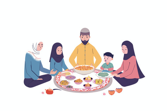 Muslim family having a Ramadan feast isolated vector style